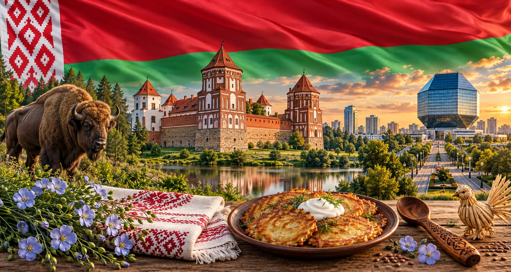 Беларусь: художественный коллаж с национальным флагом, достопримечательностями и традиционными предметами