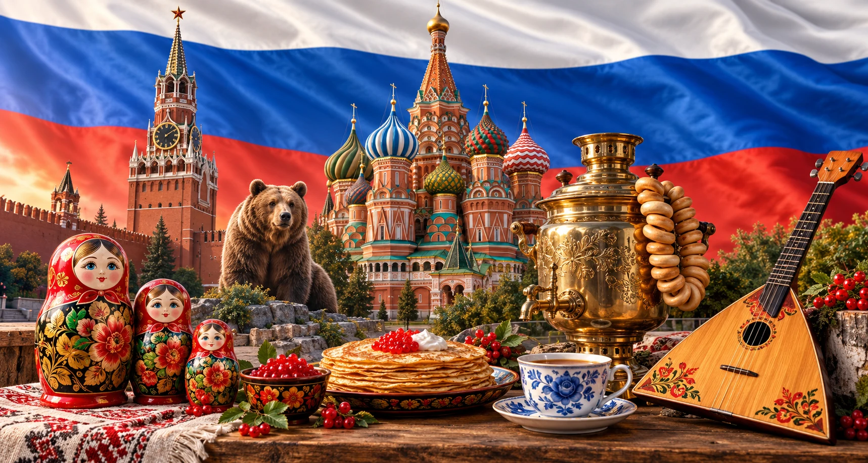 Российский флаг, Кремль, собор Василия Блаженного, матрёшки, медведь, самовар, блины и балалайка